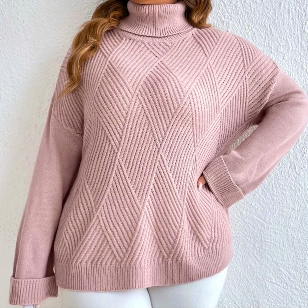Turtle Neck Drop Shoulder Diamond Patterned Dusty Pink Sweater, 0XL, NWOT